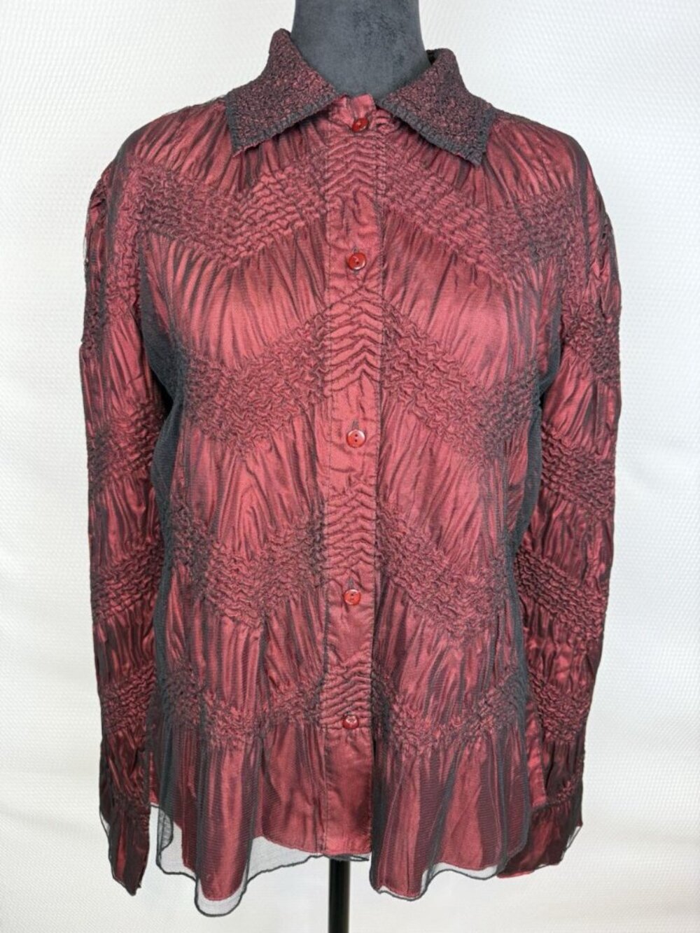 Coldwater Creek Red Crinkle Button-Up Top Lightweight Textured Chevron Medium - Picture 15 of 15